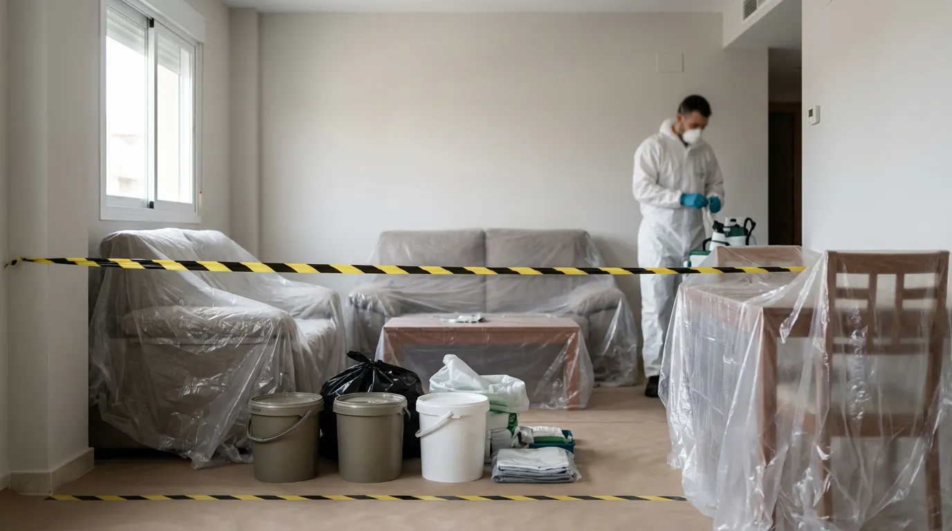 Habitación acordonada y preparada para una intervención de limpieza traumática profesional.